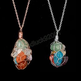 Healing 7 Chakras Pendant Necklaces Genuine Natural Raw Stone Crystal Necklace Wire Wrap Rose Gold Color Jewelry Reiki