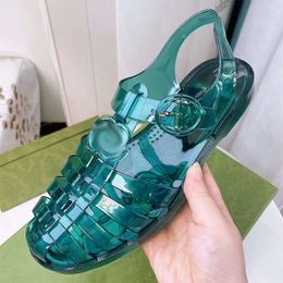 2022 Designer Women Sandals Double G Transparent Sandals Rubber Slippers Jelly Flat Slides Adjustable Buckle Candy Colour Slipper Summer Beach Shoes Box No367