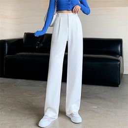 Women High Waist Floor-Length Suits Pants Autumn Winter White Loose Wide Leg Female Office Ladies Straight Long Trousers 220325