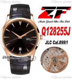 ZF Master Grande Ultra Thin Date Q128255J A899/1 Automatic Mens Watch Rose Gold Black Dial Stick Markers Brown Leather Strap Super Edition Puretime d4