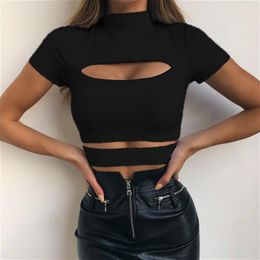 Women's T-Shirt Summer Crop Top Women Solid Black Green Tops Hollow Out Clothing Casual Tee Ladies Shirts