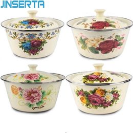 JINSERTA Enamel Bowl Dish Thickened Large Capacity Vintage with Cover Pots Suitable for Kitchen Refrigerator Storage Food T200506