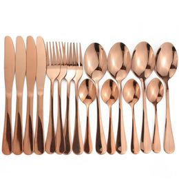 16pcs Shiny Cutlery Sets Wedding Tableware Silverware Travel Set Copper Rosy Forks Knives SpoonsDrop 220317