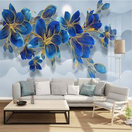 New Chinese style blue line drawing flower fashion magnolia landscape light luxury background wall custom mural