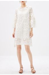 Casual Dresses Summer White Dress Women LOOSE Beach Style Embroidery Knee-Length Natural Silk See Though Three Quarter SleeveCasual