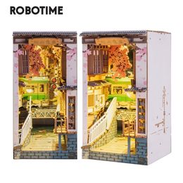 Robotime Rolife Sakura Densya Book Nook DIY Dollhouse Bookend Model Kit with LED Light Wooden Puzzle for Bookshelf Decor TGB01 220725
