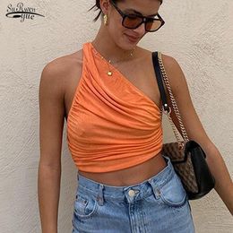 Women's Tanks & Camis Sexy Women's Summer Top One Shoulder Crop Women Ruched Short Tank White Black Green Orange Cropped Cami Tops Y2K 2