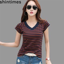 Camisas Mujer Striped Tshirt V-Neck T Shirt Women Printed T-Shirt Tee Shirt Femme Summer Tops Slim Casual Camiseta Feminina 210311