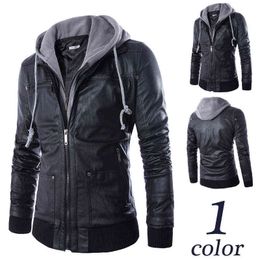 Men's Hooded Fake Two Piece Set High Quality Pu Leather Jacket Men's Faux Leather Hooded Motorcycle Jacket 4xl et winter L220725