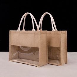 DHL50pcs Stuff Sacks Women Linen Patchwork Transparent Large Capacity Open Handbag