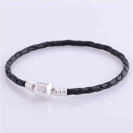 Genuine 925 Sterling Silver Charms Bracelet Black Leather Bracelets for Women DIY Jewelry Making pulseras Wholesale PL001