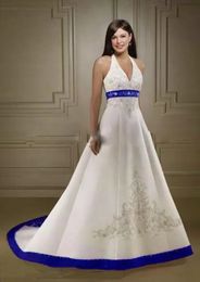 Vintage White And Royal Blue Halter Wedding Dress A Line 2022 Elegant Silver Embroidery Beaded Back Lace Up Plus Size Corset Bridal Gowns Custom