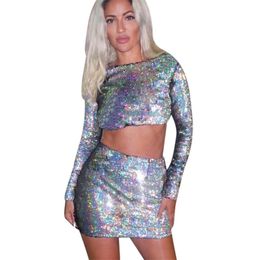 Bling Holographic Sequins Two Piece Set Women Sexy O Neck Long Sleeve Crop Top Bodycon Mini Skirt 2 Piece Outfits Party Clubwear