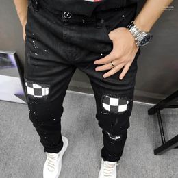 Men's Jeans Fall Streetwear Hip Hop Black White Contrast Stitching Patchwork Jean Men Tight Homme Skinny Social Denim Heat22