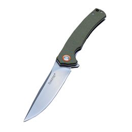 R7102 Flipper Folding Knife D2 Stone Wash Drop Point Blade Flax Fibre with Stainless Steel Sheet Handle Ball Bearing Fast Open EDC Folder Knives