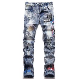 Punk Style Fried Snowflake Hole Patch Men's Jeans Cool Ripped Skinny Trousers Stretch Slim Denim Pants Vaqueros de hombre