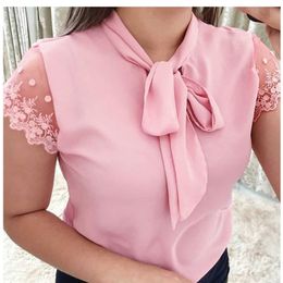 S5XL Up Bow Tie Shirt Summer Lace Short Sleeve Solid Chiffon Casual Blouse Elegant Office Lady Blusas Woman Tops 220707