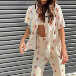 Women's Two Piece Pants Doury Women Loose Casual Pant Sets Aesthetic Print Short Sleeve Button-Down Shirt Long 2pcs Holiday Outfits