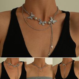 Chokers Fashion Women's Hollow Butterfly Necklace Trendy Unique Temperament Double Fringe Exquisite Pearl NecklaceChokers