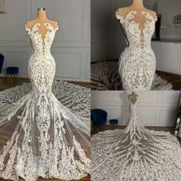 2022 Gorgeous Lace Applique Wedding Dresses Illusion Bridal Gown Chapel Train Custom Made Jewel Neck Sleeveless African Plus Size Dubai Vestido De Novia 403 403