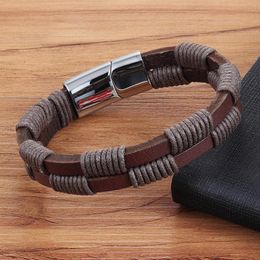 Charm Bracelets Black/Brown Colour Braided Interlocking & Stitching Genuine Leather Bracelet Stainless Steel Magnetic Clasps For Men Gift