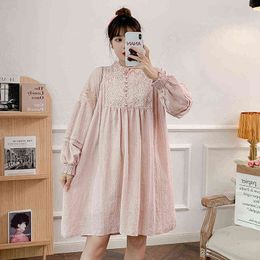 Spring Pregnant Women Dress Sweet Long Lantern Sleeves Lace Patchwork Stand Collar Maternity Chiffon Dress Plus Size Clothing J220628