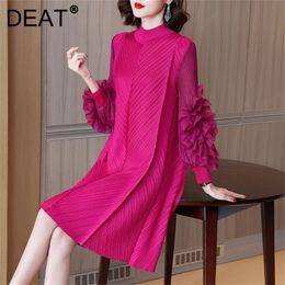 DEAT Woman Pleated Midi Dress Ruffles Mesh Long Sleeve Half Turtleneck Vintage Style Elegant 2022 Early Spring Fashion 15AB262 220317