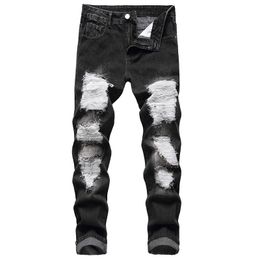 big holes Canada - Men's Jeans Black Patch Big Ripped Men's Trousers Straight Denim Ruined Hole High Quality PantsMen's