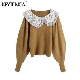 KPYTOMOA Women Sweet Fashion Patchwork Ruffled Knitted Sweater Vintage Peter Pan Collar Long Sleeve Female Pullovers Chic Tops 210203