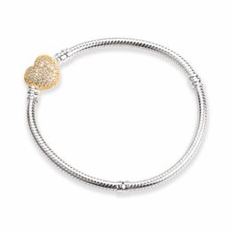 Yellow gold plated love heart Clasp Snake Chain Bracelet Women Girls Wedding gift with Original box for Pandora 925 Sterling Silver Charms Bracelets