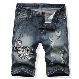 Summer Casual Retro Blue Stretch Men's Shorts Tiger Embroidered Short Pants Ripped Streetwear Pantalones cortos de hombre