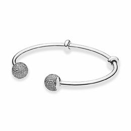 Authentic 925 Sterling Silver Open Bangle Bracelet CZ diamond Pave Ball Fashion Womens Wedding gift with Original box set for Pandora Charms bracelets