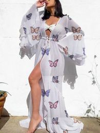 Casual Dresses Elegant Butterfly Printed Holiday Long Dress Women Sexy V Neck Hollow Lace-up Maxi Flared Sleeve Loose Party
