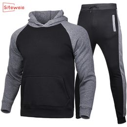 SITEWEIE 2 Pieces Sets Tracksuit Men New Brand Autumn Winter Pullover Hooded Sweatshirt sweatpants Male Patchwork Hoodies LJ201125