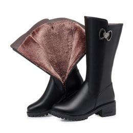 Women Riding Boots Winter 2022 Genuine Leather Women Motorcycle Boots Large Size Wool Warm Shiny Women Snow Boots