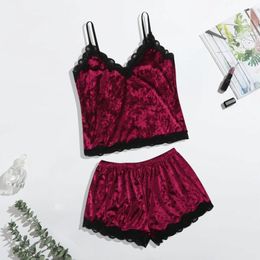 Women's Sleepwear Sexy Velvet Pajamas Set Women Lace Camisole Sleep Tops Shorts Nightdress 2pcs Nightgown Summer Home Clothes