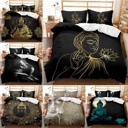 Buddha Duvet Cover Set Golden Black Lotus Flowers Bedding Buddhist Decorative Exotic Ethnic Style Comforter for Adults