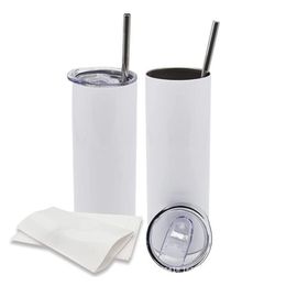 50pcs 20oz sublimation straight skinny tumbler coffee mugs blanks white stainless steel water bottle with lid straw