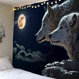 Wolf Moon Night Wall Carpet Decoration Cloth Background J220804