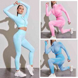 Gym Woman Tracksuit Yoga Set Sport Workout Clothes Seamless Long Sleeves Fitness Outfit High Waist Breathable Leggings Sportwear J220706