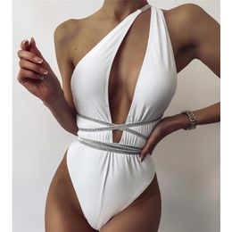 Women's Swimwear One Shoulder Women Sexy Hollout Out Bandage Backless Swimsuit Female One-Piece White Swim Bathing Suit Biquini