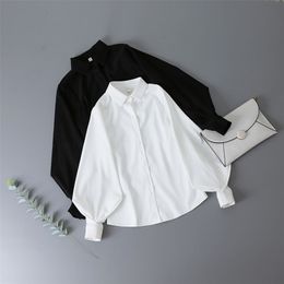 Deeptown Lantern Sleeves Vintage Shirts Women Elegant White Womens Blouse with Lush Sleeves Fashion Button Up Shirt Black 220513