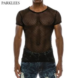 Mens Mesh Seethrough Fishnet T Shirt Fashion Sexy Short Sleeve Niglub Wear Tshirt Men Party Perform Streetwear Tops 220608