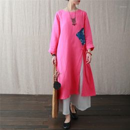Casual Dresses Johnature Women Cotton Linen Patchwork 2022 Spring O-Neck Long Sleeve Vintage Robes Rose Red Loose