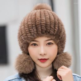 Beanie/Skull Caps X141 Woman Natural Rex Fur Hat Rose Pattern Hair Ball Wire Fabric Lining Multiple Color Options Winter Warm Delm22