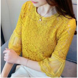 Half Sleeve Round Neck Spring Blouses Shirts Lace Women Tops New Fashion Women Blouses Hollow Out Yellow Lace Blouses T200321