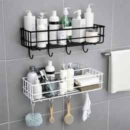 Shower Wall Shelf Punch Free Shower Shelf Black White Storage Suction Basket Storage Rack Kitchen Bathroom Accessories MJ 220527