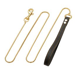 4mm gold stainless steel snake chain pet training chain black rope leather handle Necklace length 100cm