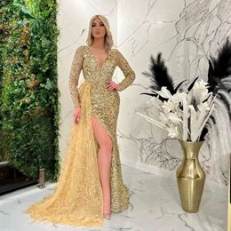 -Middle East Arab Prom Kleid für Frauen Pailletten Gelbe Feder V-Ausschnitt Langarm Side Split Sexy Abendparty Mermaid Kleider