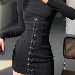 HEYounGIRL Tie Up Bandage Black Bodycon Dress Autumn Basic Long Sleeve Knitted Mini Dresses Ladies Skinny Casual Winter Fashion 220727